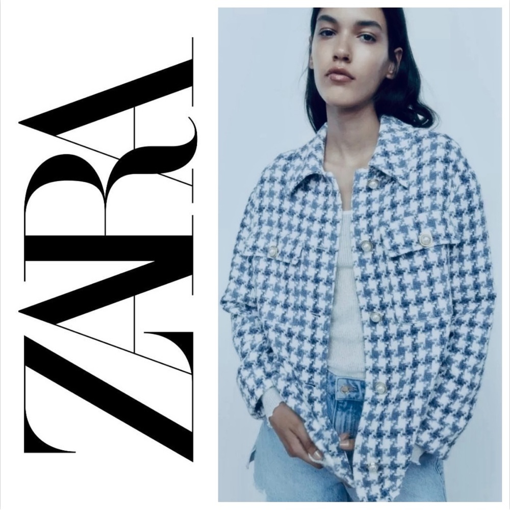 Zara Shacket Blazer Blue Ivory Houndstooth Bouclé pearl goldtone buttons small
